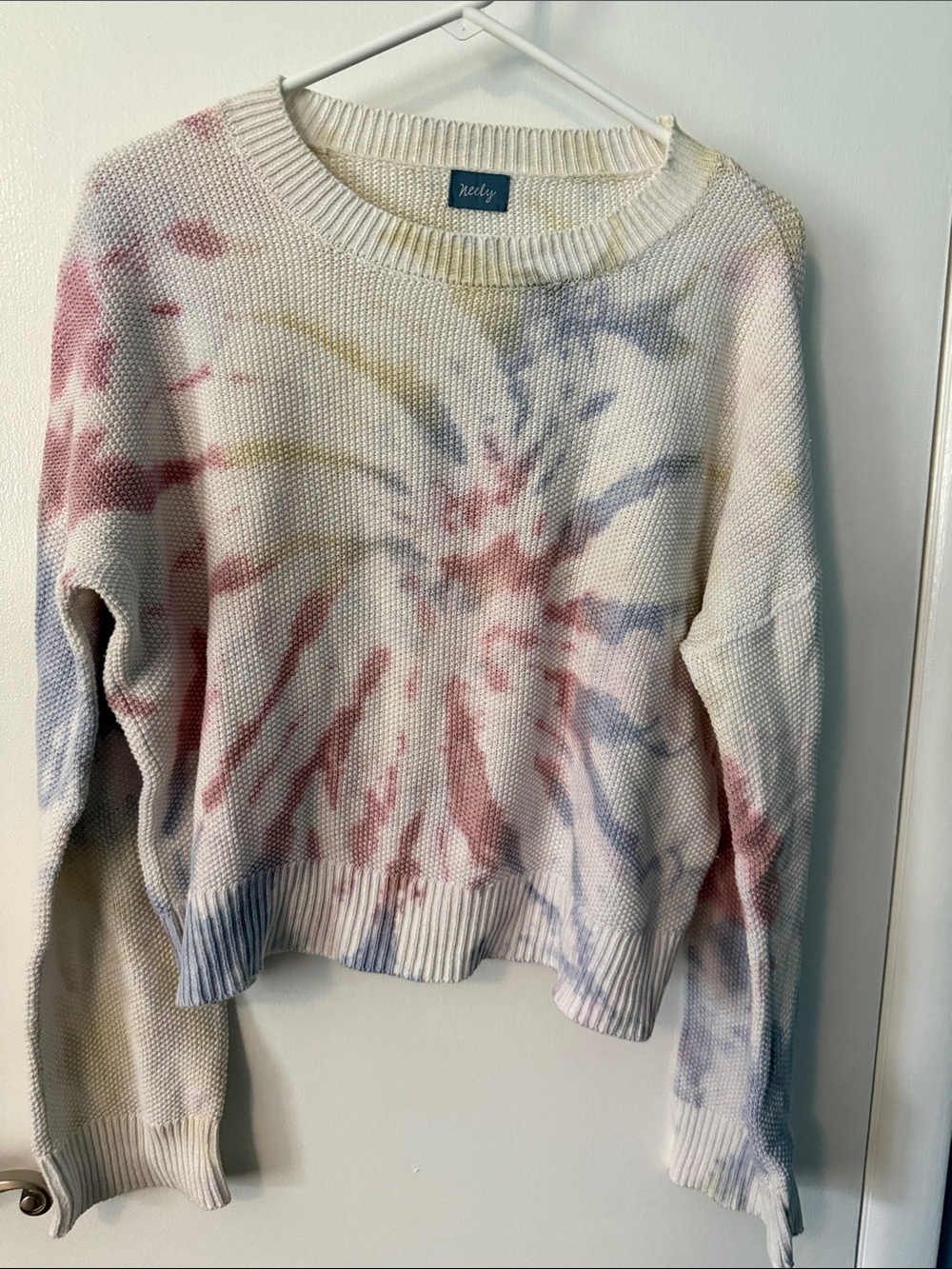 Tie-Dye Crewneck Sweater - White with Pink & Blue Accents